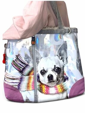 Fuzzy Nation Chihuahua Iridescent Large Shopper Tote Pink Grey Zip Front